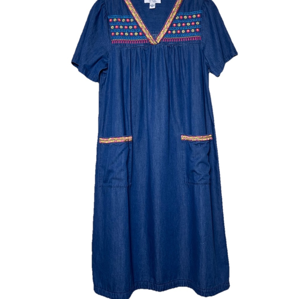 Go Softly Patio Dress Embroidered Denim House Dress Kaftan Muumuu Size 1X